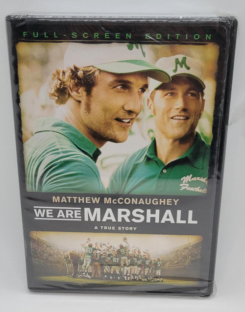 Warner Bros. We Are Marshall DVD, Full Screen Edition with cover art featuring two men in green shirts and hats, and a football team on the field underneath.