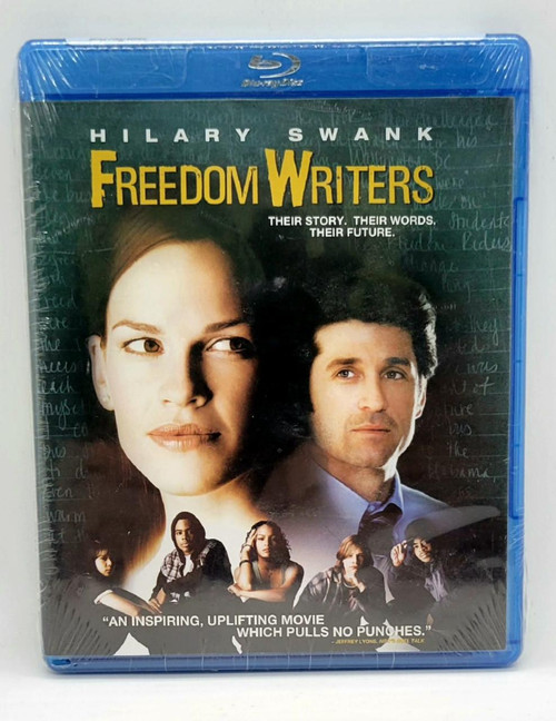 MTV Studio Freedom Writers Blu-ray, front cover showing Hilary Swank and Patrick Dempsey with other cast members at the bottom, promotional text and review quote.