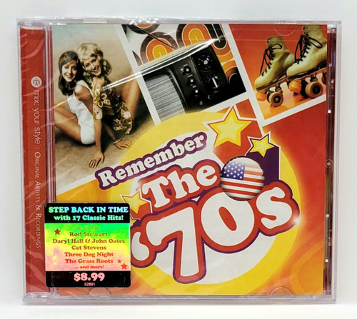 Universal Music Remember The '70's CD, colorful album cover with images of a vintage radio, roller skates, and smiling women from the 1970s, celebrating classic hits and nostalgic music.