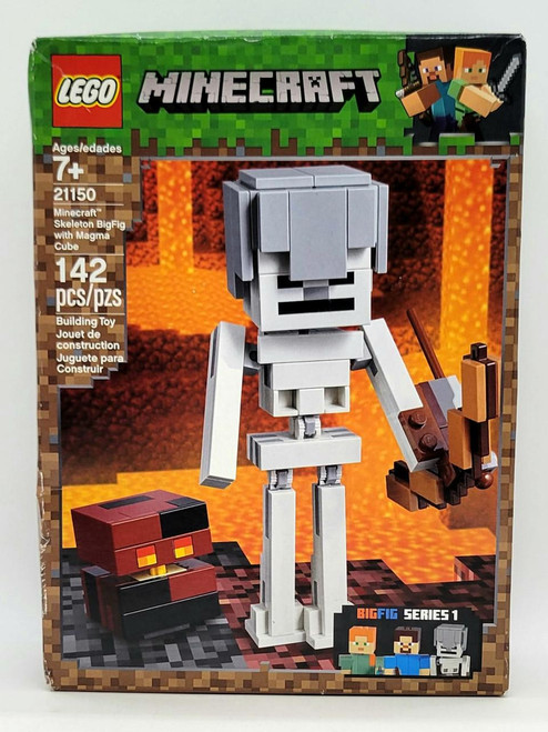 LEGO Minecraft Skeleton BigFig with Magma Cube, damaged box, featuring a pixelated skeleton figure holding a bow in front of a background resembling a Minecraft lava world.