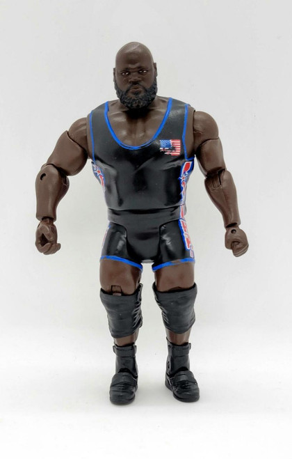 WWE 2011 Mark Henry Action Figure (Loose), articulated action figure of professional wrestler Mark Henry with detailed muscular physique, wearing black wrestling gear with American flag and patriotic designs, standing against a plain white background.