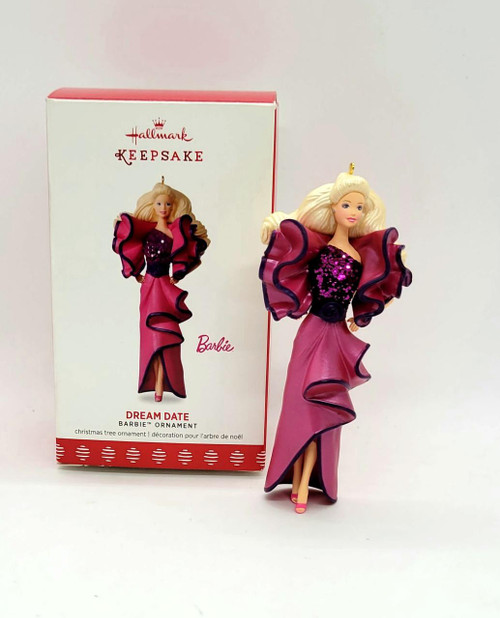 Hallmark Keepsake Ornament Dream Date Barbie, pink and purple Barbie ornament with a fancy gown and ruffled sleeves.