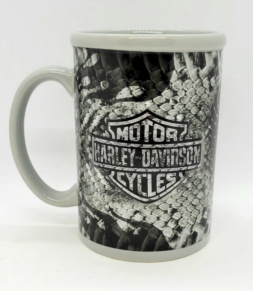 Harley-Davidson Motor Cycles Ceramic Mug, Black and Grey with logo and image of motorcycle tires design.