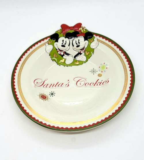 Disney Mickey Mouse & Minnie Mouse Santa's Cookies Plate, festive ceramic plate featuring Mickey and Minnie Mouse with Christmas holiday design