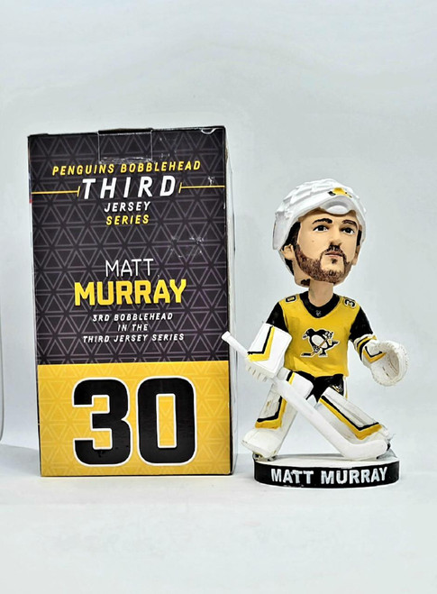 NHL Pittsburgh Penguins Matt Murray Third Jersey Series Bobblehead, detailed bobblehead figurine of Matt Murray dressed in Penguins hockey gear next to packaging box.