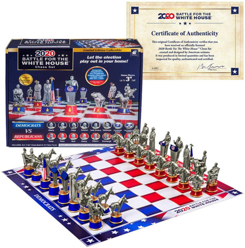 BulbHead 2020 Battle for The White House Chess Set Board Game, a political-themed chess game with detailed figurines of political figures and campaign symbols, set on a red, white, and blue checkered board with a labeled box.