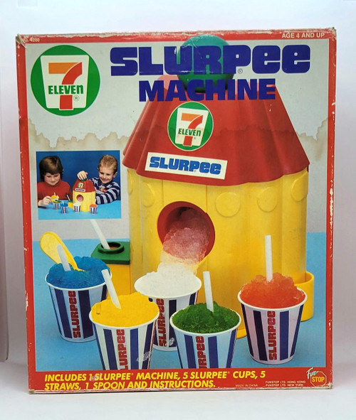 Fun Stop Vintage 1990 7-Eleven Slurpee Machine toy, colorful plastic toy resembling a miniature Slurpee vending machine with cups of slurpee drinks in various colors.