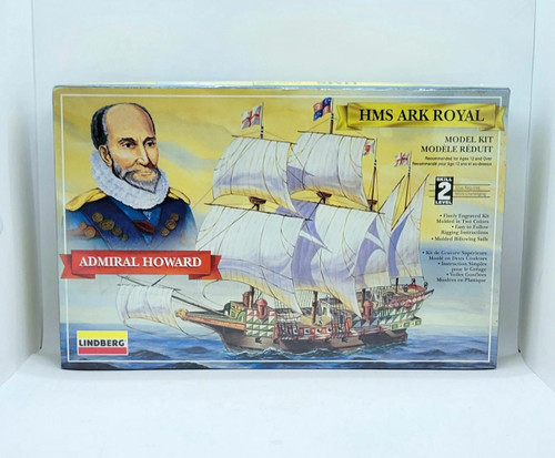 Lindberg HMS Ark Royal Model Kit, detailed box packaging showing a colorful illustration of the historical aircraft carrier with sailing ships and a portrait of Admiral Howard.
