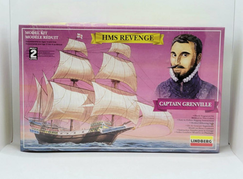 Lindberg HMS Revenge Model Kit, toy model ship with detailed sails and a portrait of Captain Grenville on the packaging.