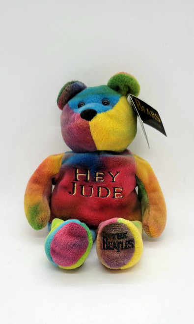 The Beatles Hey Jude Tie Dye Bear, colorful tie dye plush teddy bear with 'Hey Jude' embroidered on its chest.