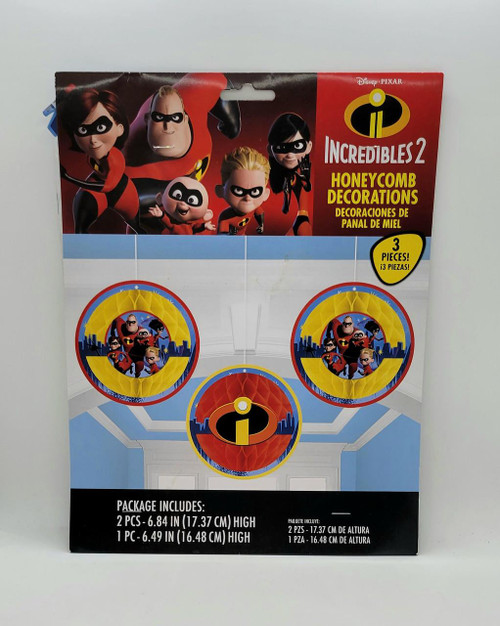 Disney/Pixar Incredibles 2 Honeycomb Decorations, set of 3 colorful honeycomb decorations featuring Incredibles characters and the iconic 'i' logo.