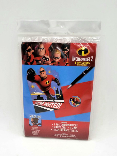 Disney/Pixar Incredibles 2 Postcard Invitations, 8 Ct. featuring characters from the movie and 'You're Invited' message on the postcards.