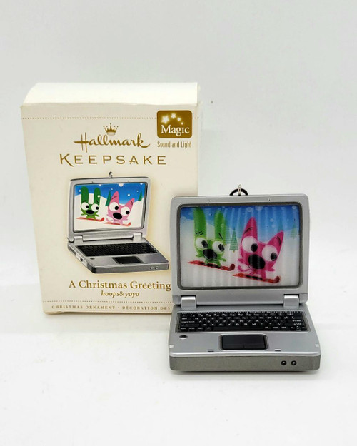 Hallmark Keepsake Ornament: Hoops & Yoyo - A Christmas Greeting, a miniature laptop ornament with animated-style rabbits on the screen.