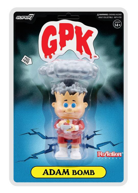 Super7 Garbage Pail Kids ReAction Adam Bomb (Red Ver.) SDCC 2021 Exclusive Figure, collectible toy in packaging with a cartoonish Adam Bomb character with a cloud of smoke and lightning effects.
