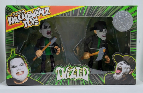 Knuckleheadz Toys Twiztid Fully Poseable Figures (Damaged Box), two detailed action figures of Twiztid band members in black outfits, with painted faces, holding axes, in a decorative green and black packaging with a comic-style design and images of band members.