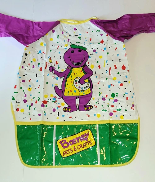 Barney Vintage 1993 Barney Arts & Crafts Kids Smock, colorful children's art smock featuring Barney the Dinosaur with paint splatters and arts supplies design.