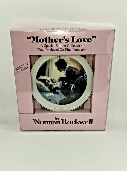 Norman Rockwell "Mother's Love" Collector Plate, pink box packaging featuring a detailed image of a mother caring for her child in bed.