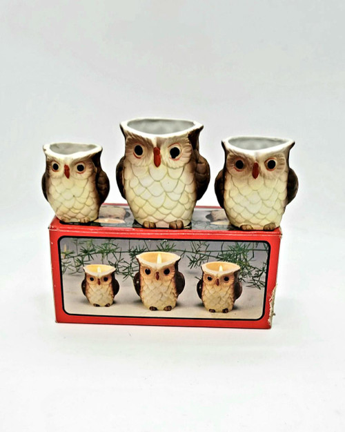 Brinn's Vintage Owl Family Candle Cups, set of three owl-shaped ceramic candle holders with detailed feathers and large eyes, displayed on a red box with owl imagery.