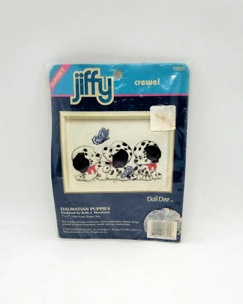 Jiffy Crewel Embroidery Dalmatian Puppies Kit, colorful embroidery kit with three adorable Dalmatian puppies and butterflies design in a small frame.