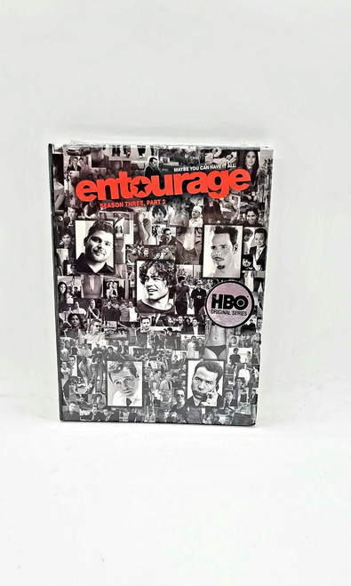 HBO Entourage Season Three, Part 2 DVD Boxed Set, featuring a collage of black and white images of characters from the series with bold red and black text on the cover.