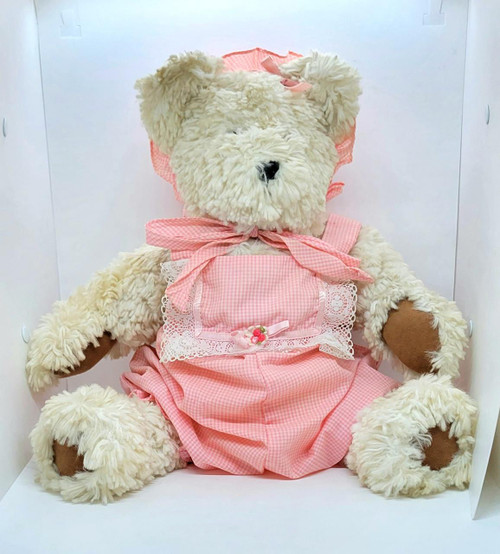 Unbranded Handmade 14 Inch Teddy Bear, soft plush toy with a pink checkered dress and lace details, sitting upright with a pink bow on its head, ideal for children and plush toy collectors.
