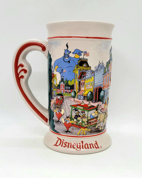 Disneyland 3-D Embossed Beer Stein, colorful ceramic mug featuring Disney's classic characters and scenes from Disneyland theme park.