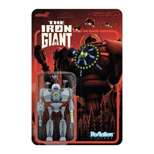 Super7 The Iron Giant ReAction Figure - Attack Giant, front view of the collectible action figure in its packaging with a detailed background featuring The Iron Giant character and forest scenery.