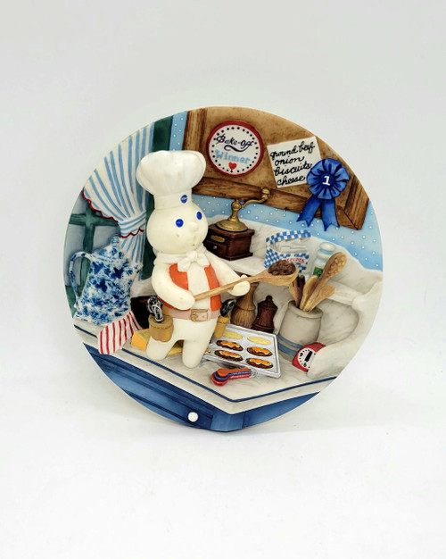 Pillsbury Doughboy 'Poppin' Fresh Barbecups' 3-D Collector Plate, detailed decorative ceramic plate featuring a Doughboy chef with cooking accessories in a kitchen scene.