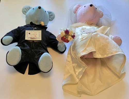 North American Bear Co. V.I.B. Father of the Bearide Bride and Groom Bears, plush bears dressed as a groom and bride, groom bear in tuxedo and bride bear in wedding gown with veil and bouquet.
