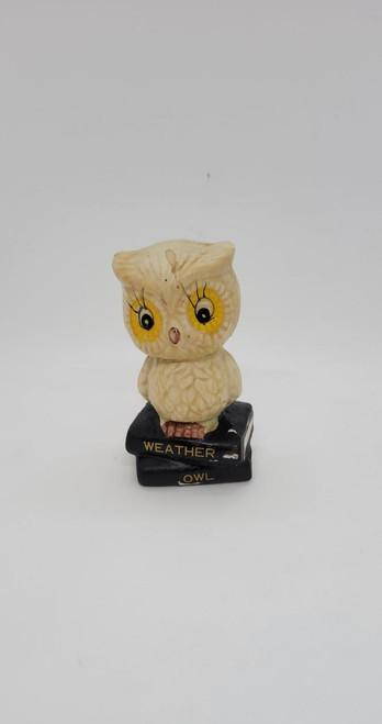 Unbranded Vintage Brown Weather Owl Figurine, artistic weather-themed owl figurine with large yellow and black eyes and a textured beige body on a black base with yellow "Weather" and "Owl" labels.
