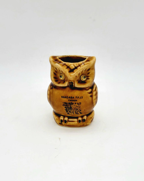 Unbranded Vintage Niagara Falls Canada Souvenir Brown Owl Tooth Pick Holder, ceramic owl-shaped decorative item with 'Niagara Falls Canada' text and waterfall illustration, featuring small eyes and an opening at the top for holding toothpicks.