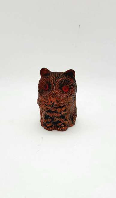 Unbranded Vintage Plastic Owl Figurine Made in Hong Kong, brown detailed owl sculpture with red eyes on white background