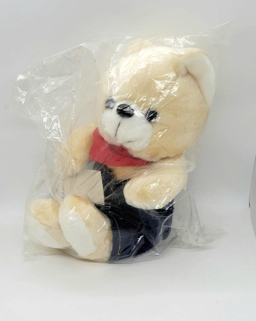 Lee Vintage Lee Jeans Teddy Bear, plush toy dressed in denim shorts and red shirt, kept in transparent packaging.