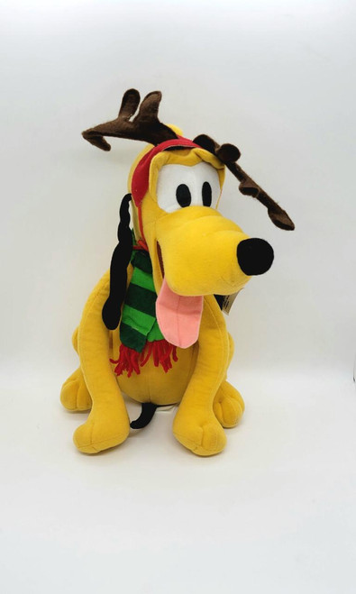 Disney Christmas Pluto Stuffed Animal, plush toy of Pluto with a reindeer antler headband, red scarf, and pink tongue, decorated for the holiday season.
