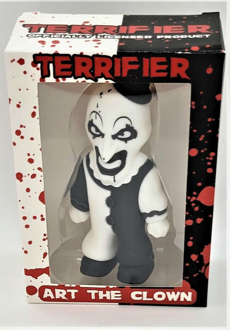 Knuckleheadz Toys Terrifier: Art The Clown Half Pint Vinyl Figure, collectible toy with a sinister clown mask and costume in a retail box.