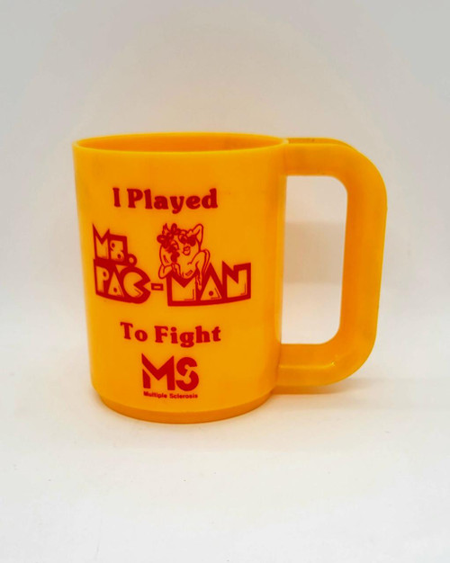 Ms. Pac-Man Vintage Hot Hits WFEC 14 I Played Ms. Pac-Man To Fight MS Plastic Cup, yellow plastic cup with red text and graphics related to Ms. Pac-Man and multiple sclerosis awareness.