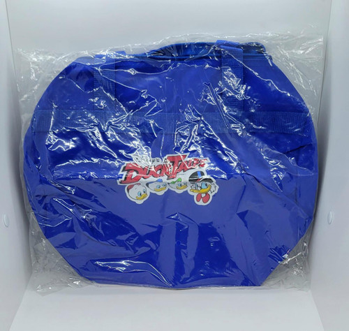 Disney's DuckTales Blue Tote Bag, circular blue tote bag with DuckTales characters and logo, inside clear plastic packaging.