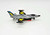 Transformers 1986 G1 Aerialbots Skydive Action Figure, toy jet vehicle with yellow and blue lightning bolt designs on wings and tail fin, silver body, black cockpit, and red bottom section.