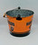 Harley-Davidson Oil Metal Bucket, orange metal oil bucket with Harley-Davidson branding and a wooden handle
