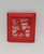 Red plastic box lid that features a Roman Soldier/Spartan/Greek God riding on a dog with his spear and shield up.  The plastic square looks like it is framed and is 3.75 inches x 3.75 inches.