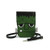 Frankenstein's monsters head as a crossbody purse. The green vinyl bag shows the face of Frankenstein's Monster with eys and a single tooth with a black back.  Front view 