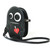 Black Voodoo doll shaped vinyl crossbody bag with a red heart with a pin in it. The doll features grey sticking around it and the mouth. The eyes are 2 different size black buttons.  The back of back is a flat black surface.  