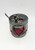 F B Rogers Silver Co Vintage Drum Serving Jar, decorative metal and red glass container with chains around the top for serving and display.