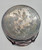 F B Rogers Silver Co Vintage F B Rogers Silver Co Drum Serving Jar, round metallic silver lid with aged and tarnished surface showing scratches and spots.