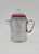 Vintage 1940's aluminum coffee pot percolator for children.  The pot features a kitten on the side holding a pair of mittens in their hands.  The pot stands 4.5 inches high and is 4 inches from spout tip to furthest point of the red handle.  The red lid comes off to access the percolator inside.