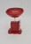 Unknown Vintage Toy-Doll House 3" x  3.5" Plastic Scale, red miniature balancing scale with a bowl on top and a base on a white background.