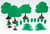 Plasticville Lot of Shade Trees, Evergreen Trees and Shrubs, collection of green plastic trees and shrubs for model landscapes or dioramas.