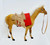 Unknown Caramel Colored Felt Covered Horse Figure with Saddle, toy horse with saddle and bridle, plush felt horse toy with red saddle blanket and plastic saddle, realistic toy horse for kids or collectors.