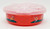 Aronson, Inc. Franco-American SpaghettiOs 1999 Soccer Player Lid Microwave-O-Bowl, pink plastic bowl with cartoon soccer characters printed on the side and a matching pink lid.