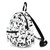 Comeco Spooky Nights Collage Mini Backpack, a white bag with black Halloween-themed print including pumpkins, bats, ghosts, and skulls.